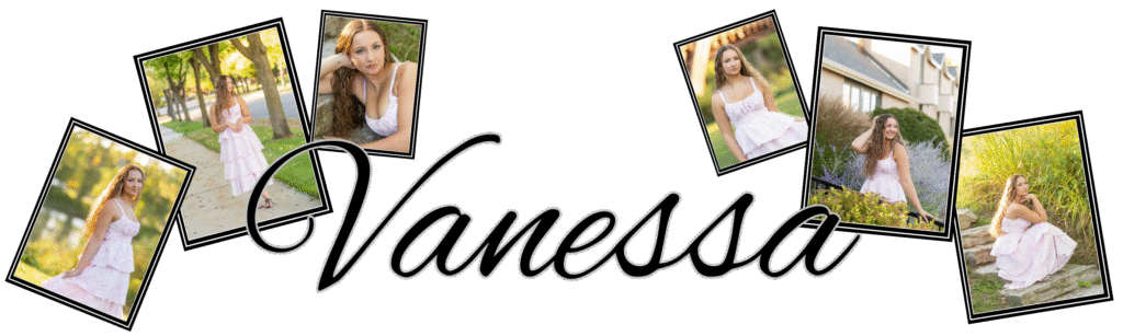 Collage with five outdoor portraits of a woman in a white dress, surrounded by greenery. The name "Vanessa" is elegantly scripted in the center.