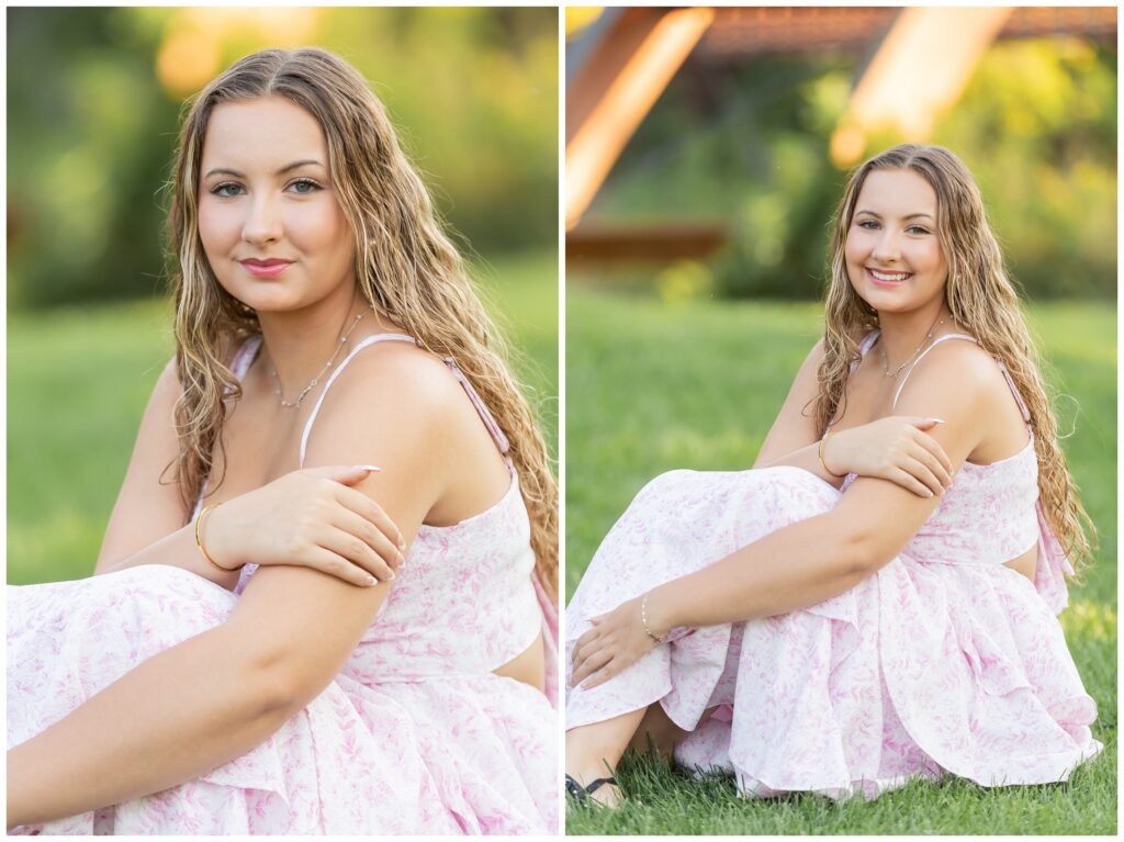 A young woman with long, wavy hair sits on grass, wearing a light pink floral dress. She has a calm expression in one image and is smiling in the other. The background is a soft blur of greenery, creating a serene atmosphere.