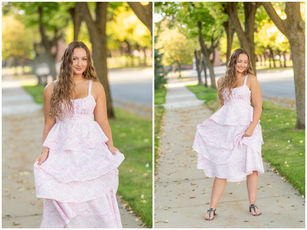 Two images of a woman in a flowing pink floral dress with curly hair, smiling while walking along a tree-lined sidewalk in a sunny, serene neighborhood.