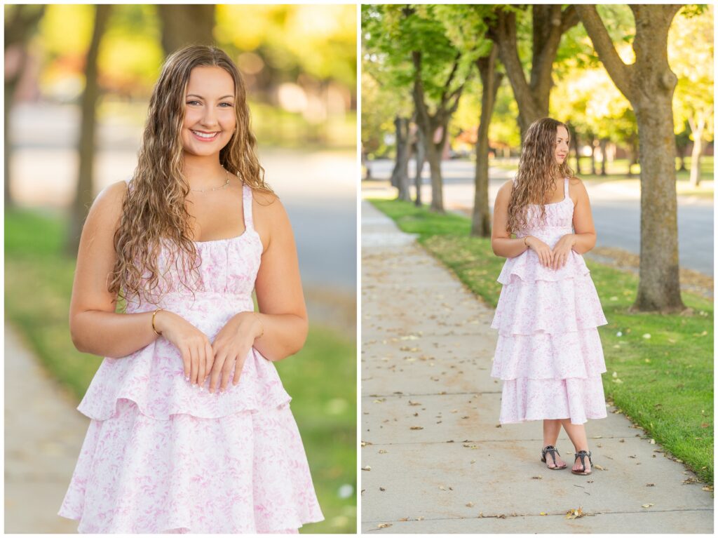 A woman with wavy hair stands on a tree-lined sidewalk. She's wearing a layered pink floral dress, smiling confidently in one image, and gazing to the side in the other. The scene is bright and cheerful, evoking a sense of warmth and tranquility.