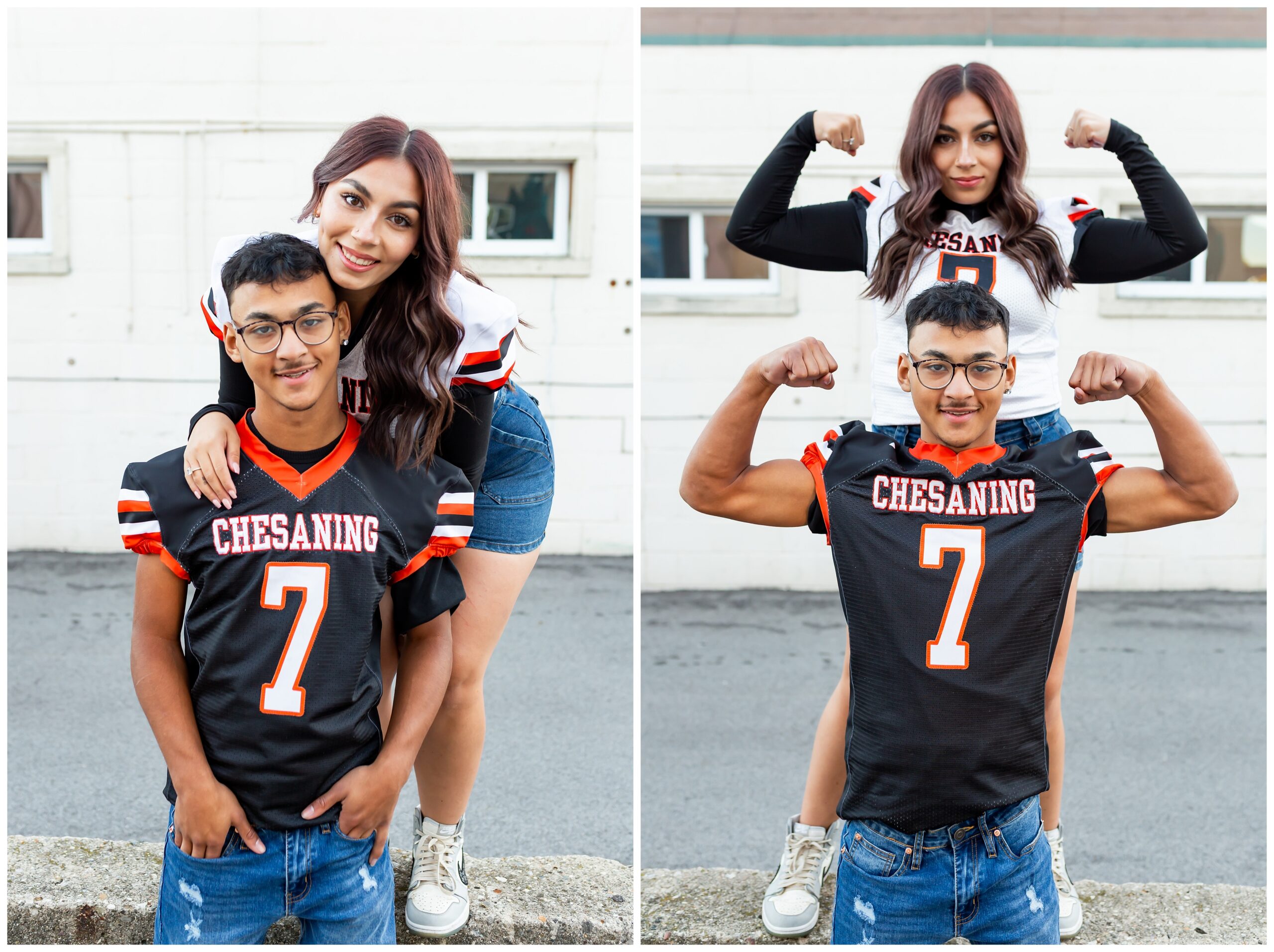 Two images feature a young man and woman in matching football jerseys. In both, the pair smile; the woman playfully embraces the man from behind.