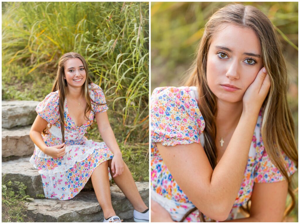Young woman in a floral dress sits on stone steps in a grassy area, smiling in one image and looking thoughtful in the other. Pastoral and serene.