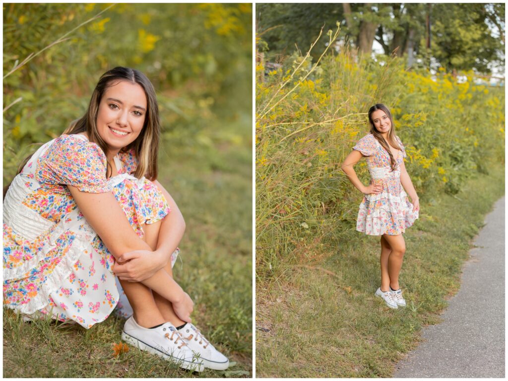 A young woman in a floral dress poses amid vibrant greenery. On the left, she sits smiling on the grass; on the right, she stands with one hand on her hip.