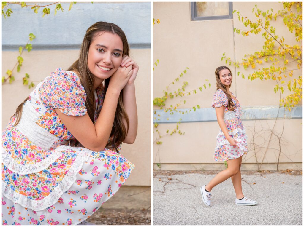 Young woman with long hair in a floral dress poses joyfully. Left: Crouching and smiling warmly. Right: Standing and smiling, walking along a vine-covered wall.
