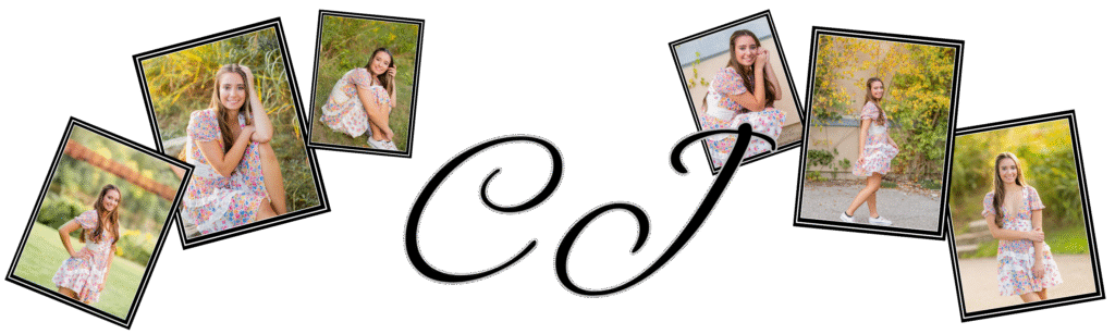 Collage of a young woman in a floral dress, posing in various outdoor settings with vibrant greenery and a black background with ornate "CJ" text.