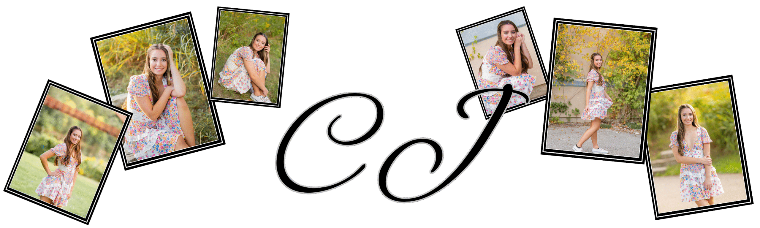 Collage of a young woman in a floral dress, posing in various outdoor settings with vibrant greenery and a black background with ornate "CJ" text.