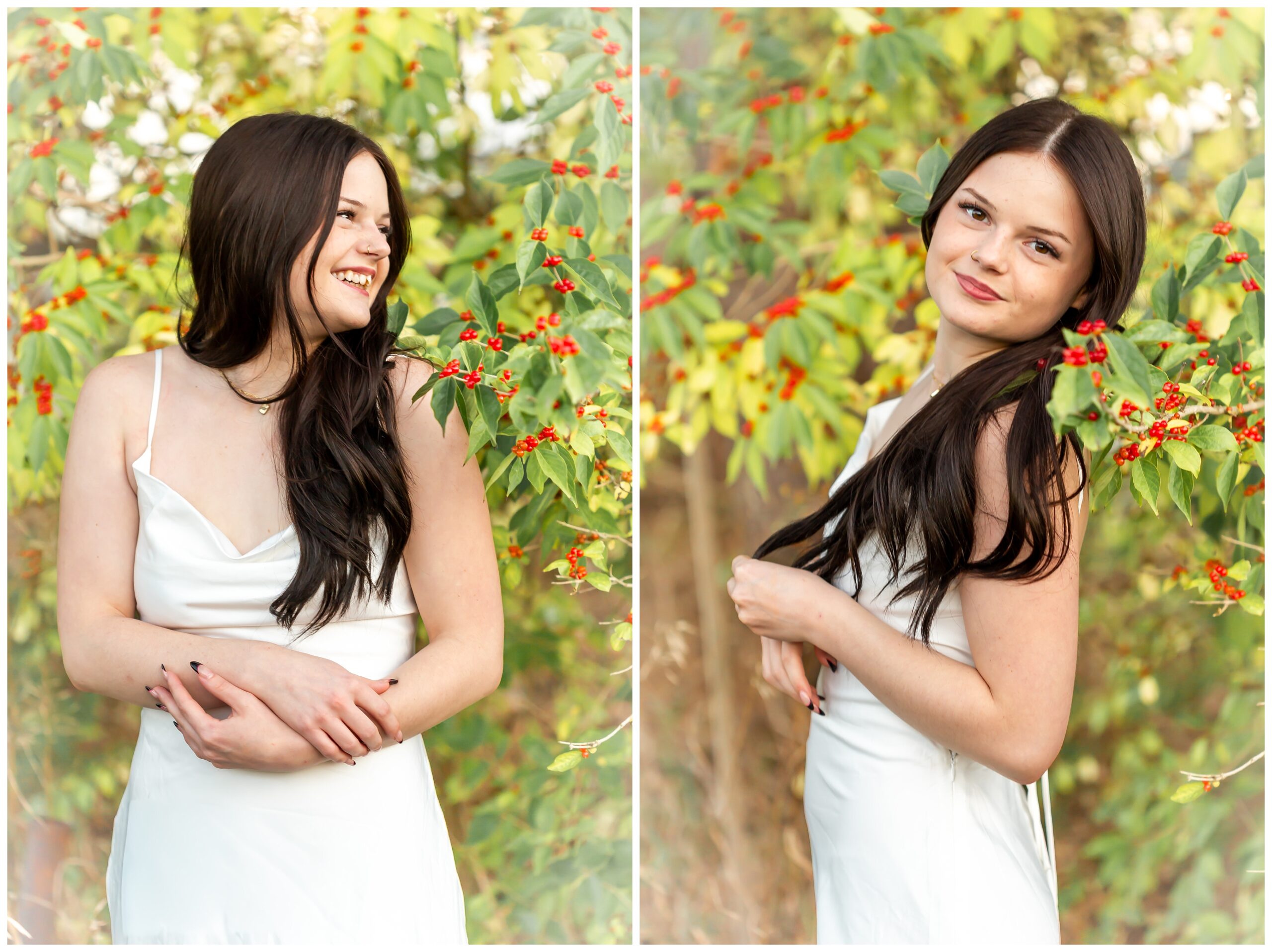 Young woman with long dark hair in a white dress poses in nature. She smiles softly near green leaves with red berries, exuding a serene, joyful vibe.